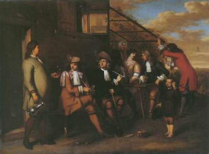 Elegant company smoking and drinking outside an in painting, a Gerard Hotel paintings reproduction,
