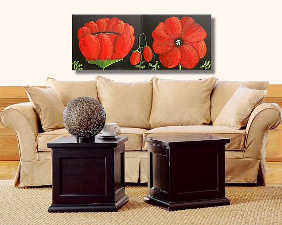 Fine Art Shack and Art by US present Huge Contemporary Ultra Modern 2 Panel Red Pop Art Floral