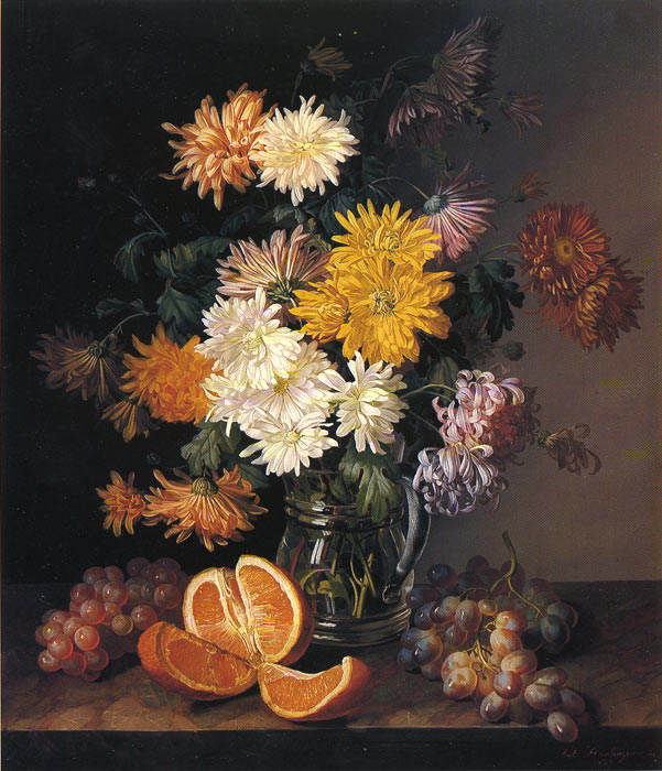 Hartinger Oil Painting Reproductions - Stilleben mit Chrysanthemen