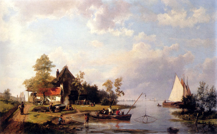 Koekkoek Oil Painting Reproductions - A River Landscape With A Ferry And Figures