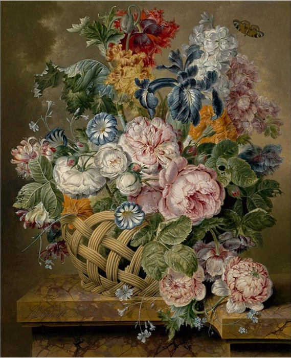 Oil Painting Reproduction of Linthorst - Still life of roses, an iris, stocks, poppies