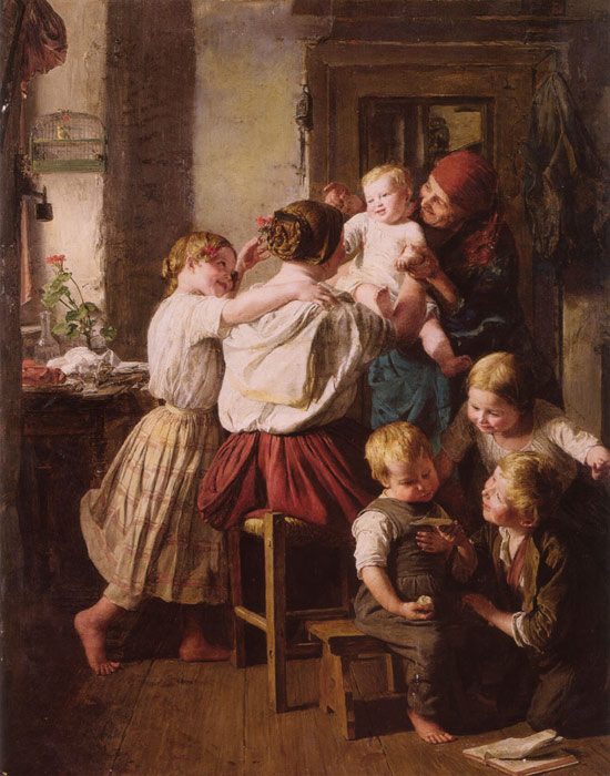 Oil Painting Reproduction of Waldmuller- Children Making Their Grandmother a Present on Her Name Day