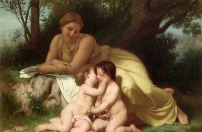 Young Woman contemplating two embracing children - Oil Painting Reproduction