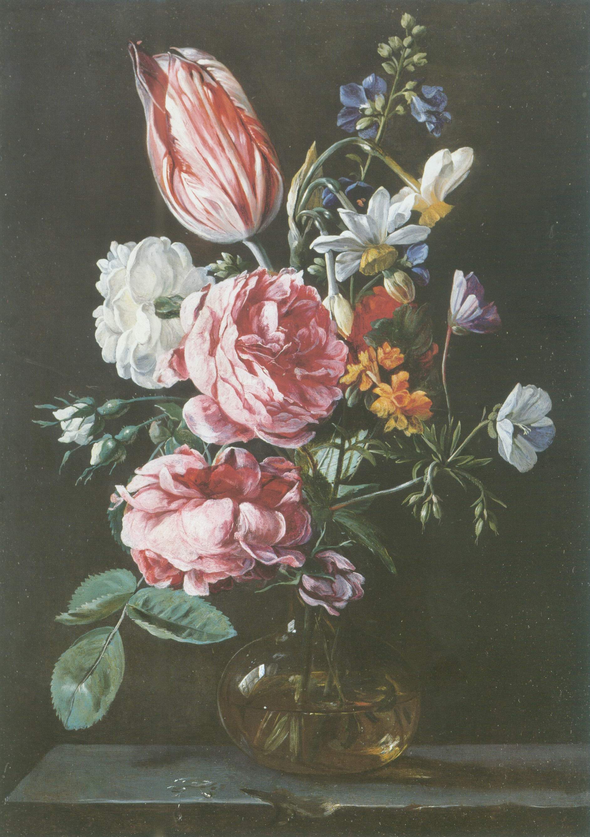rose , parrot tulip narcissi glass vas on stone l painting, a Jan van den hecke paintings