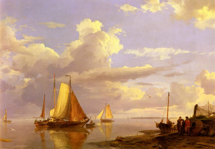 Koekkoek Oil Painting Reproductions - Fishing Boats Off The Coast At Dusk