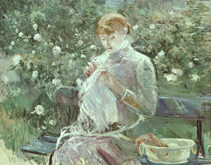 Oil Painting of young Woman Sewing in a Garden