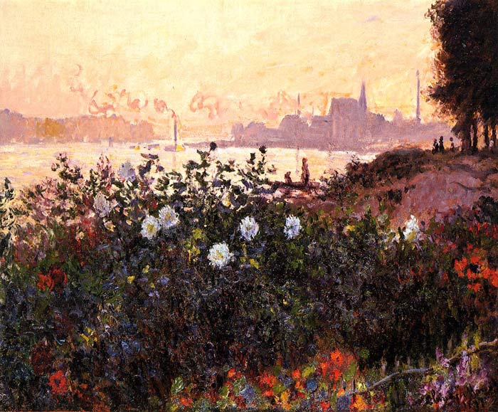 Oil Painting Reproduction of Monet- Argenteuil, Flowers by the Riverbank