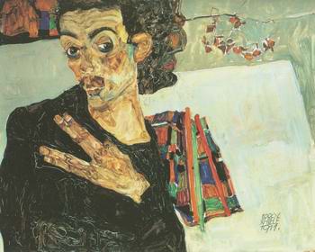 Self portrait with black clay vase and spread fing painting, a Egon Schiele paintings reproduction,
