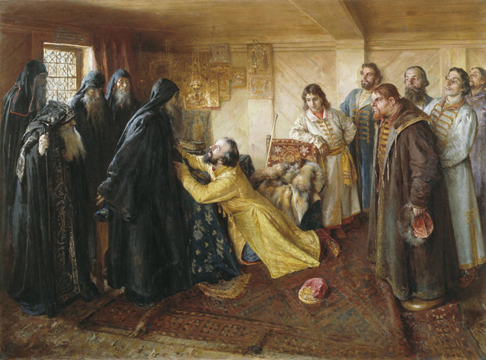 Oil Painting Reproduction of Lebedev - Tzar Ivan Grozni ask permission Abbot Kornelius devote