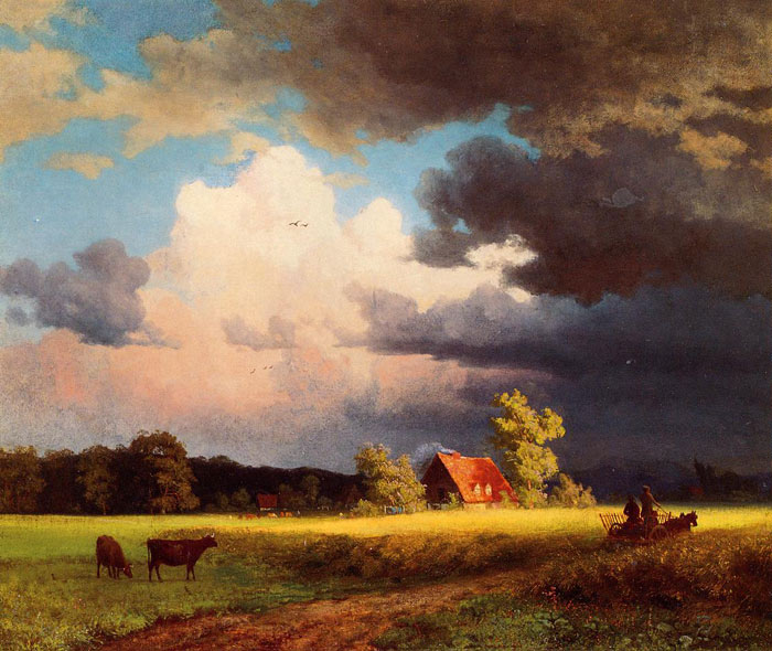 Bierstadt Oil Painting Reproductions - Bavarian Landscape aka red barn