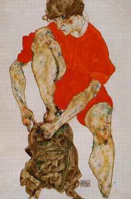 Female Model in Bright Red Jacket and Pants painting, a Egon Schiele paintings reproduction, we