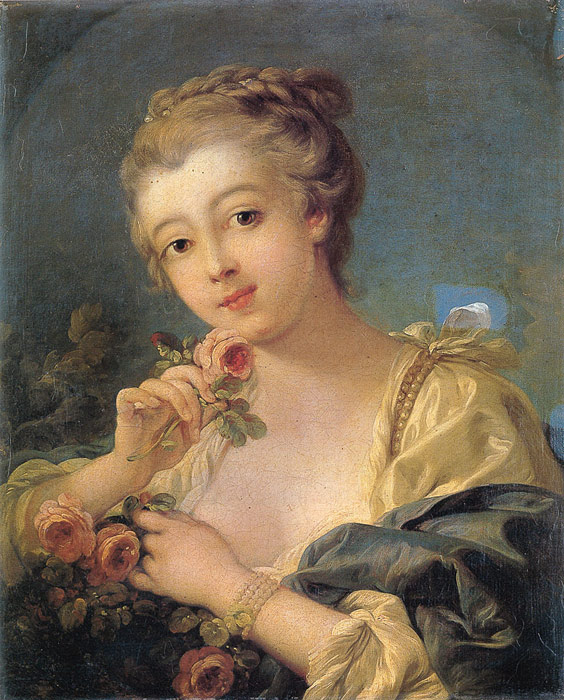 Oil Painting Reproduction of Boucher- Young Woman with a Bouquet of Roses