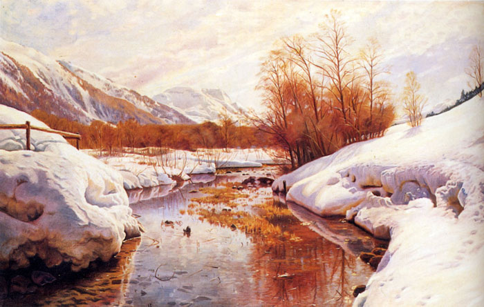 Oil Painting Reproduction of Monsted - A Mountain Torrent In A Winter Landscape