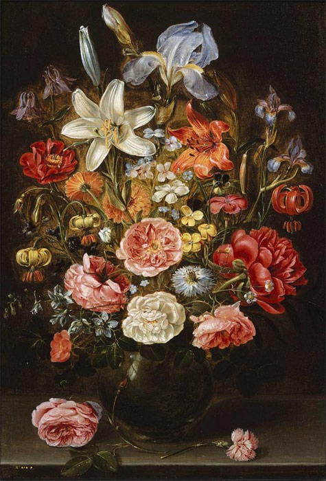 Oil Painting Reproduction of Peeters - Flowers in a glass vase on a wooden table
