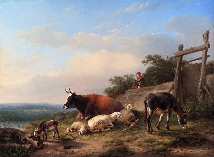 Oil Painting Reproduction of Verboeckhoven- A Farmer Tending His Animals