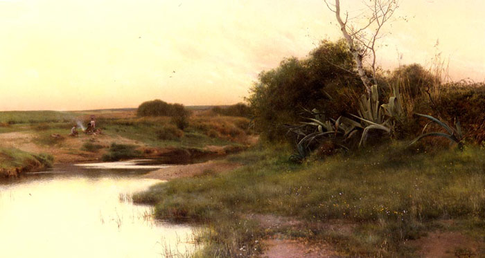 Oil Painting Reproduction of Sanchez-Perrier - On The Rivers Edge At Dusk