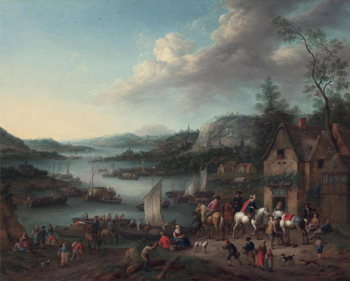 Oil Painting Reproduction of Bredael - A River Landscape with Boats and Riders halted at an Inn