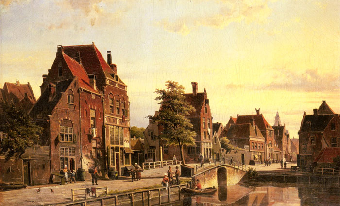 Koekkoek Oil Painting Reproduction - Figures by a Canal in a Dutch Town