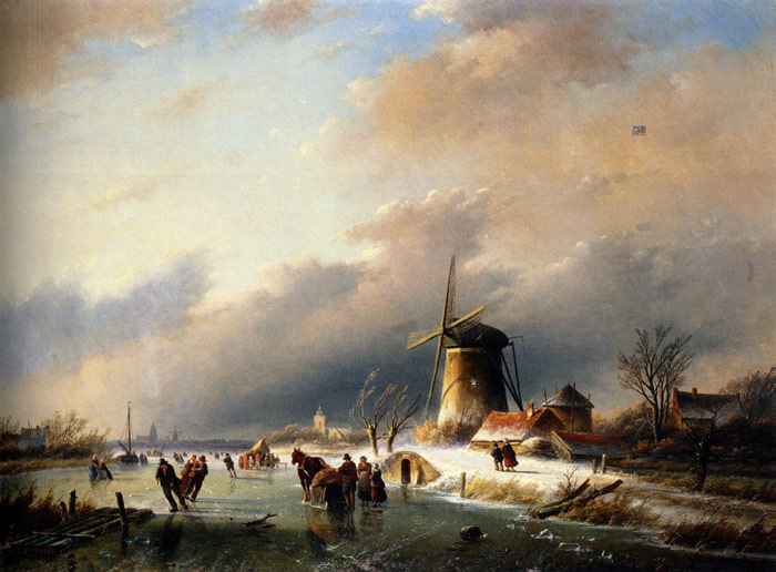 Oil Painting Reproduction of Spohler- Figures Skating on a Frozen River