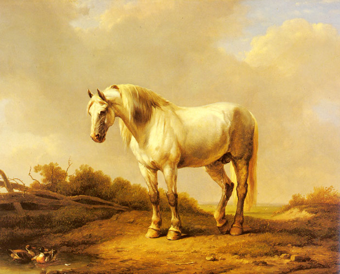 Oil Painting Reproduction of Verboeckhoven - A White Stallion In A Landscape