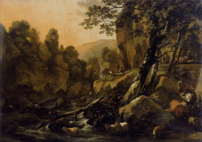 Berchem Reproductions - Herdsmen and Herds at a Waterfall