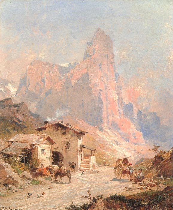 Oil Painting Reproduction of Unterberger- Figures in a Village in the Dolomites