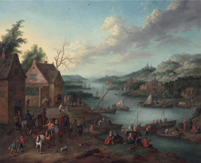 Oil Painting Reproduction of Bredael - A River Landscape with Boats and a Departing coach