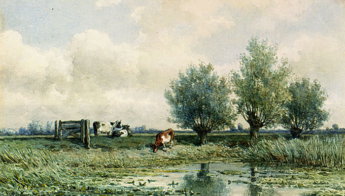 Roelofs Oil Painting Reproductions - A Summer Landscape With Grazing Cows