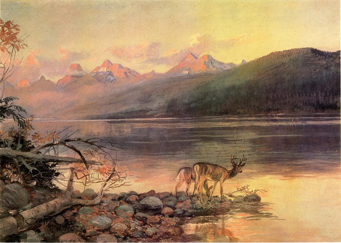 Oil Painting Reproduction of Russell- Deer at Lake McDonald