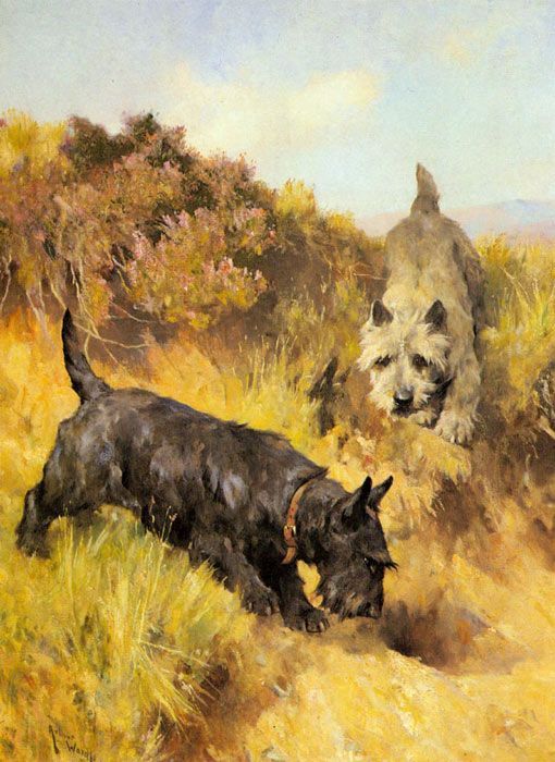 Wardle Oil Painting Reproductions - Two Scotties in a Landscape