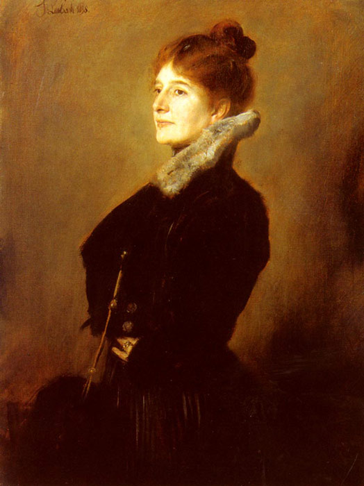 Franz von Lenbach Oil Painting Reproductions- Portrait Of A Lady Wearing A Black Coat With Fur