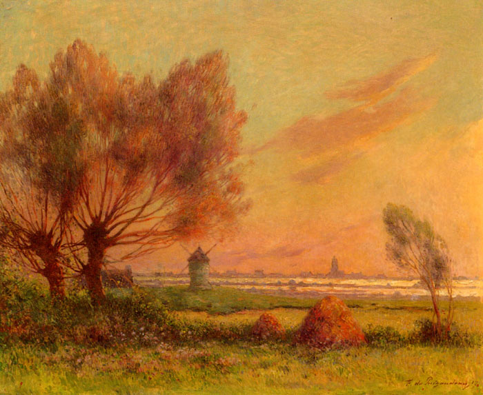 Puigaudeau Oil Painting Reproductions - Soleil couchant sur les marais salants