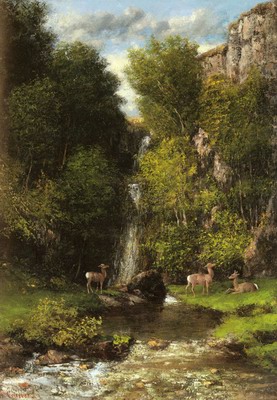 A Family Of Deer In A Landscape With A Waterfall