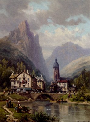 An Angler Before An Alpine Riverside Town