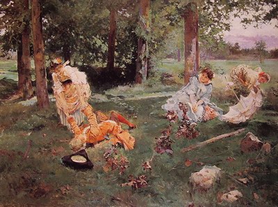 Elegant figures in a summer Garden