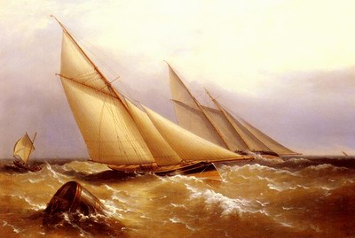 A Schooner And Cutter Yacht Rounding A Buoy