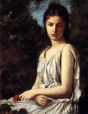 A Young Woman In Classical Dress Holding A Red Dress