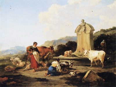Roman fountain with cattle and figures