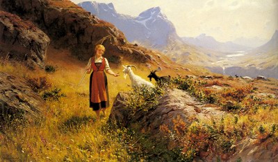 An Alpine Landscape With A Shepherdess And Goals