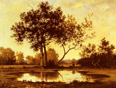 Figure Beside A Pool In A Wooded Landscape