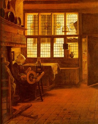 Interior With A Woman At A Spinning Wheel