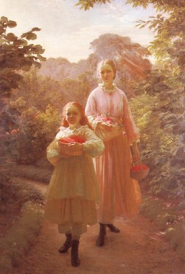 Sisters Gathering Raspberries And Roses, Summer