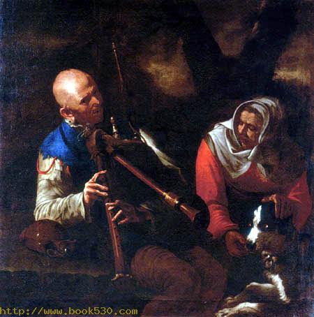 A peasant playing a bagpipe