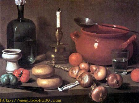 Still life with a candlestick and onions