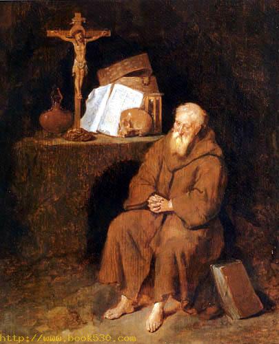 An hermit sits before the altar