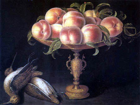 Goblet with peaches and two dead birds