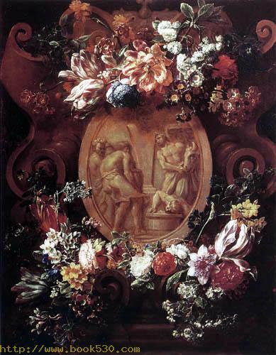 Still Life of Flowers around a sculpted Cartouche with a Relief