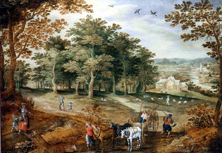 A wooded landscape with travellers and a cart