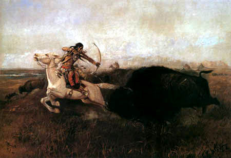 Indian on buffalo hunt