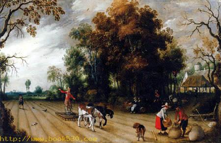 Peasants working the fields during the harvest